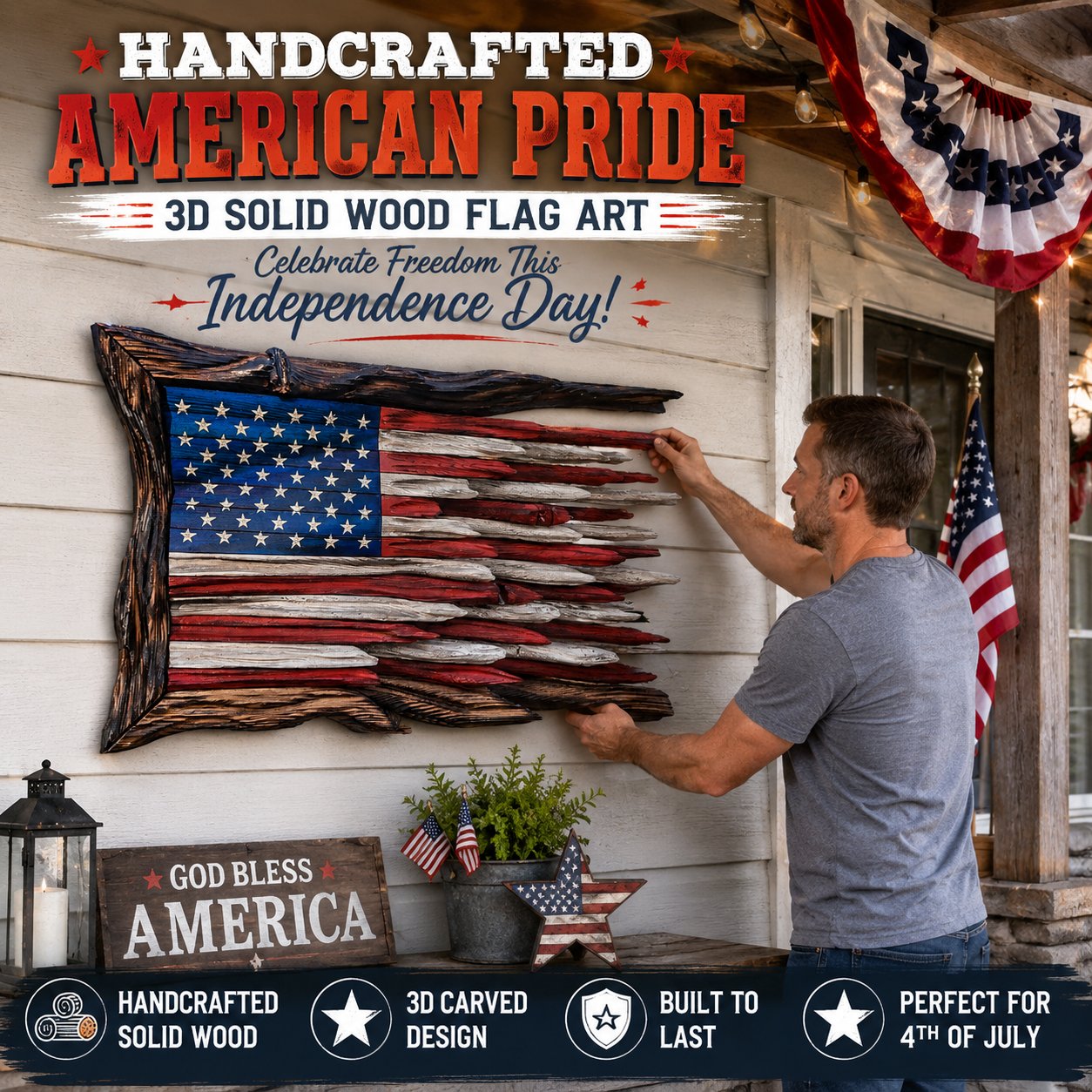 🇺🇸 Handmade Wooden American Flag Wall Art