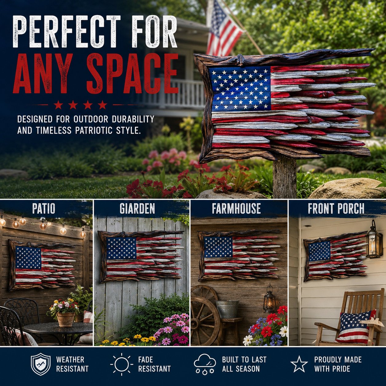 🇺🇸 Handmade Wooden American Flag Wall Art