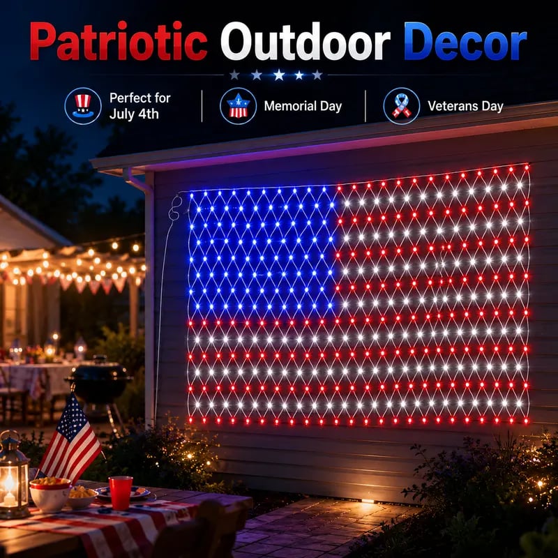 Solar American Flag LED Net Lights | 420 LEDs, 6.5×3.3 ft | Outdoor Patriotic Decor