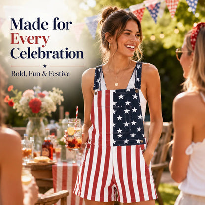 𝑶𝒇𝒇𝒊𝒄𝒊𝒂𝒍 𝑺𝒕𝒐𝒓𝒆 | Primglam®American Flag Denim Overalls Stretch Shorts