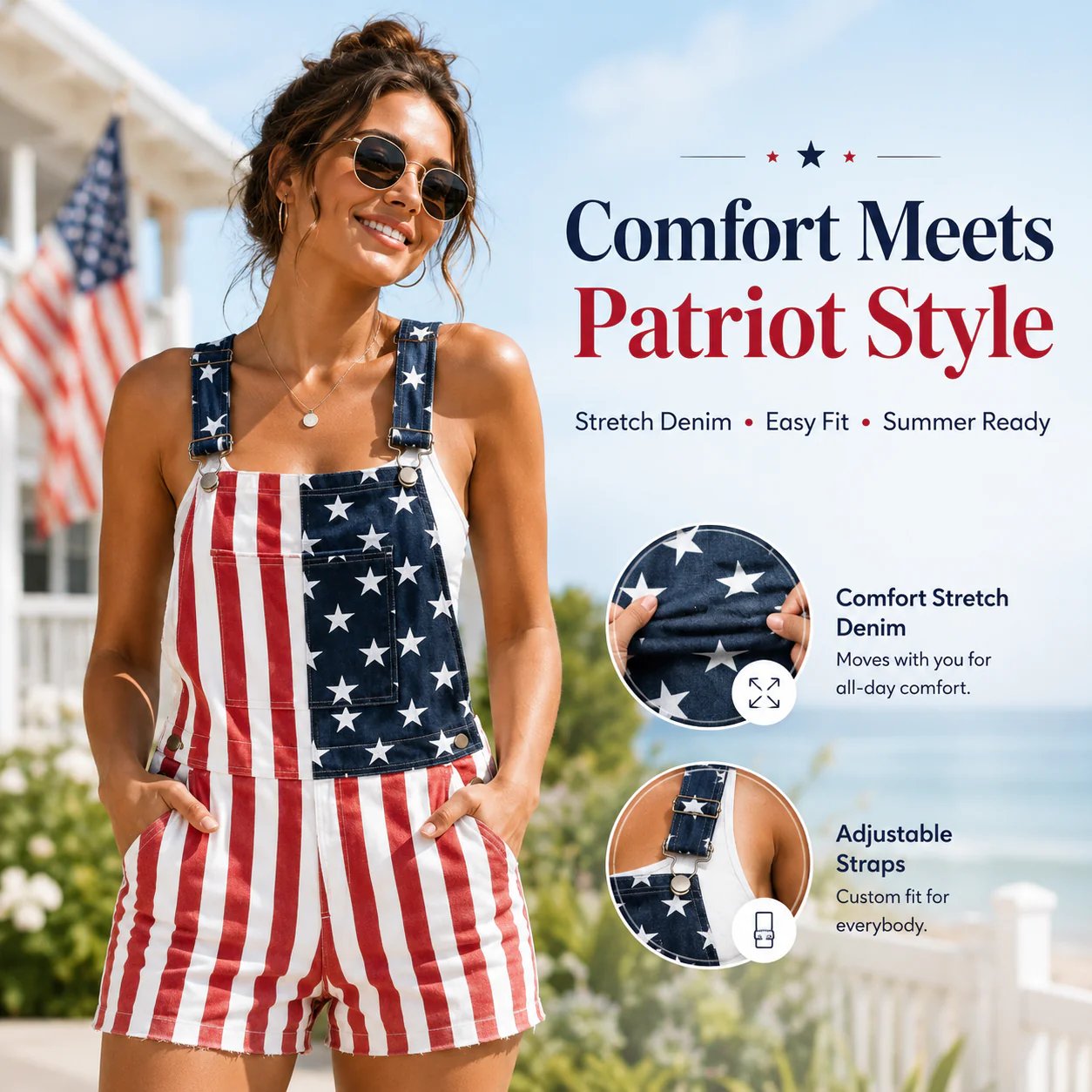 𝑶𝒇𝒇𝒊𝒄𝒊𝒂𝒍 𝑺𝒕𝒐𝒓𝒆 | Primglam®American Flag Denim Overalls Stretch Shorts