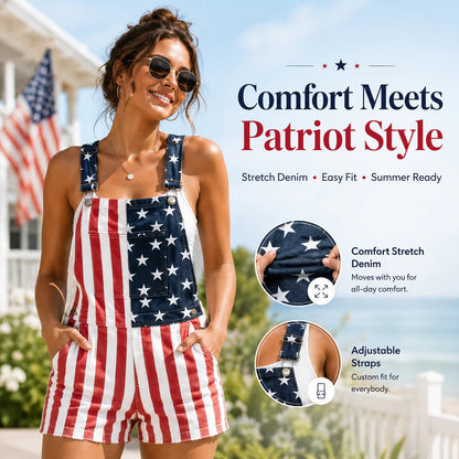 𝑶𝒇𝒇𝒊𝒄𝒊𝒂𝒍 𝑺𝒕𝒐𝒓𝒆 | Primglam®American Flag Denim Overalls Stretch Shorts