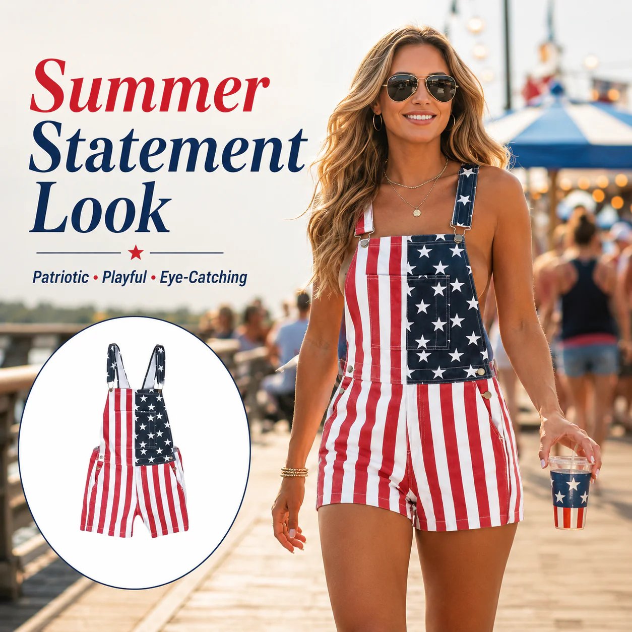 𝑶𝒇𝒇𝒊𝒄𝒊𝒂𝒍 𝑺𝒕𝒐𝒓𝒆 | Primglam®American Flag Denim Overalls Stretch Shorts
