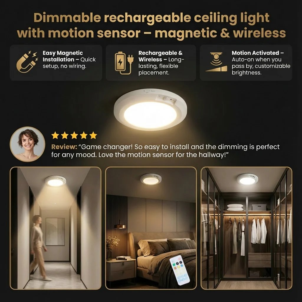 𝐎𝐟𝐟𝐢𝐜𝐢𝐚𝐥 𝐁𝐫𝐚𝐧𝐝 𝐒𝐭𝐨𝐫𝐞 | Primglam® Rechargeable Magnetic Wireless Motion Sensor Ceiling Light with Remote