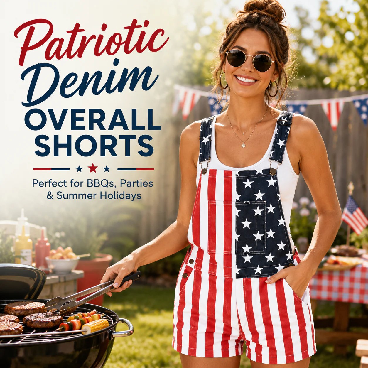 𝑶𝒇𝒇𝒊𝒄𝒊𝒂𝒍 𝑺𝒕𝒐𝒓𝒆 | Primglam®American Flag Denim Overalls Stretch Shorts